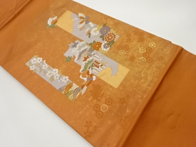 引箔短冊に鶴・蝶・草花模様織出し名古屋帯